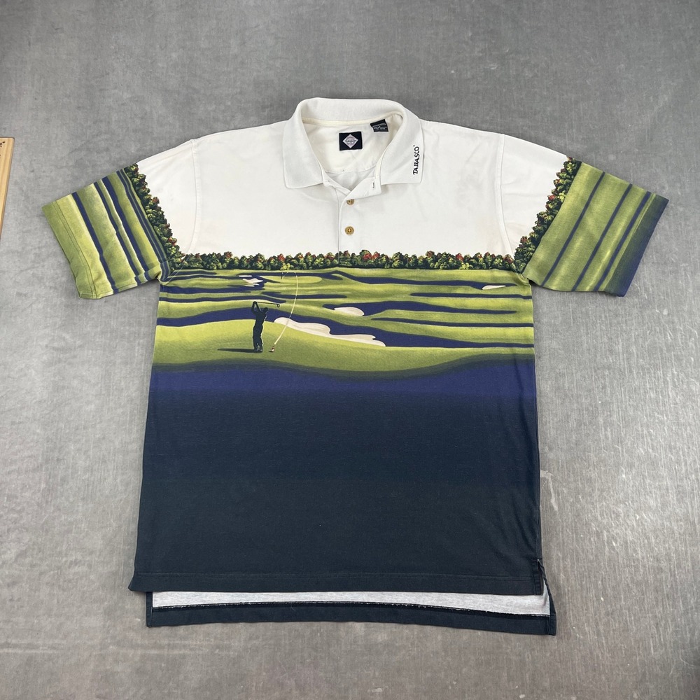 Tabasco Men L White Polo Shirt Golf Course Graphic Short Sleeve Vintage